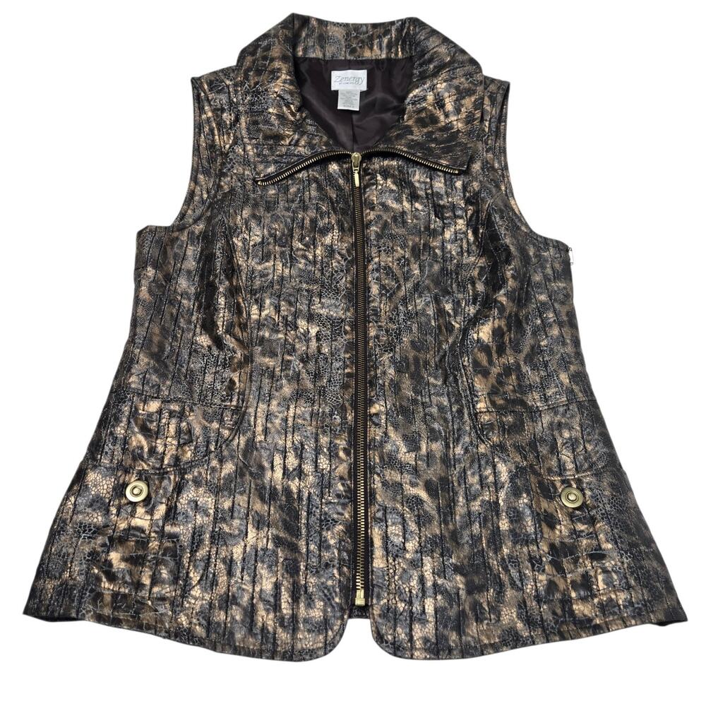 zenergy by chicos Vest Metallic Gold Size 0 Zippered Front Pockets